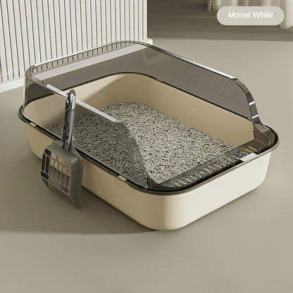 Enclosed medium-sized cat litter box with scoop made of durable plastic. Features include square design, high edges, and splash guard for easy cleaning. Supports up to 5.44 KG cats.