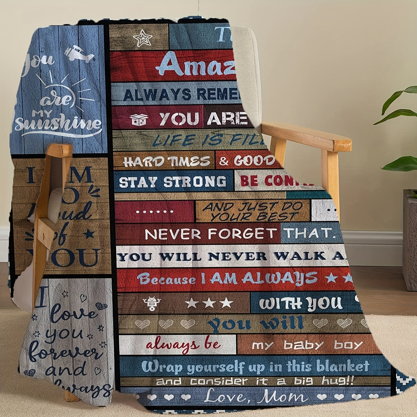 Contemporary Geometric-Patterned Flannel Blanket for Son - 1 Piece, Made from 100% Polyester Knitted Material, All-Season Multipurpose Throw featuring Inspirational Quotes from Mom - Perfect Gift Idea for Son