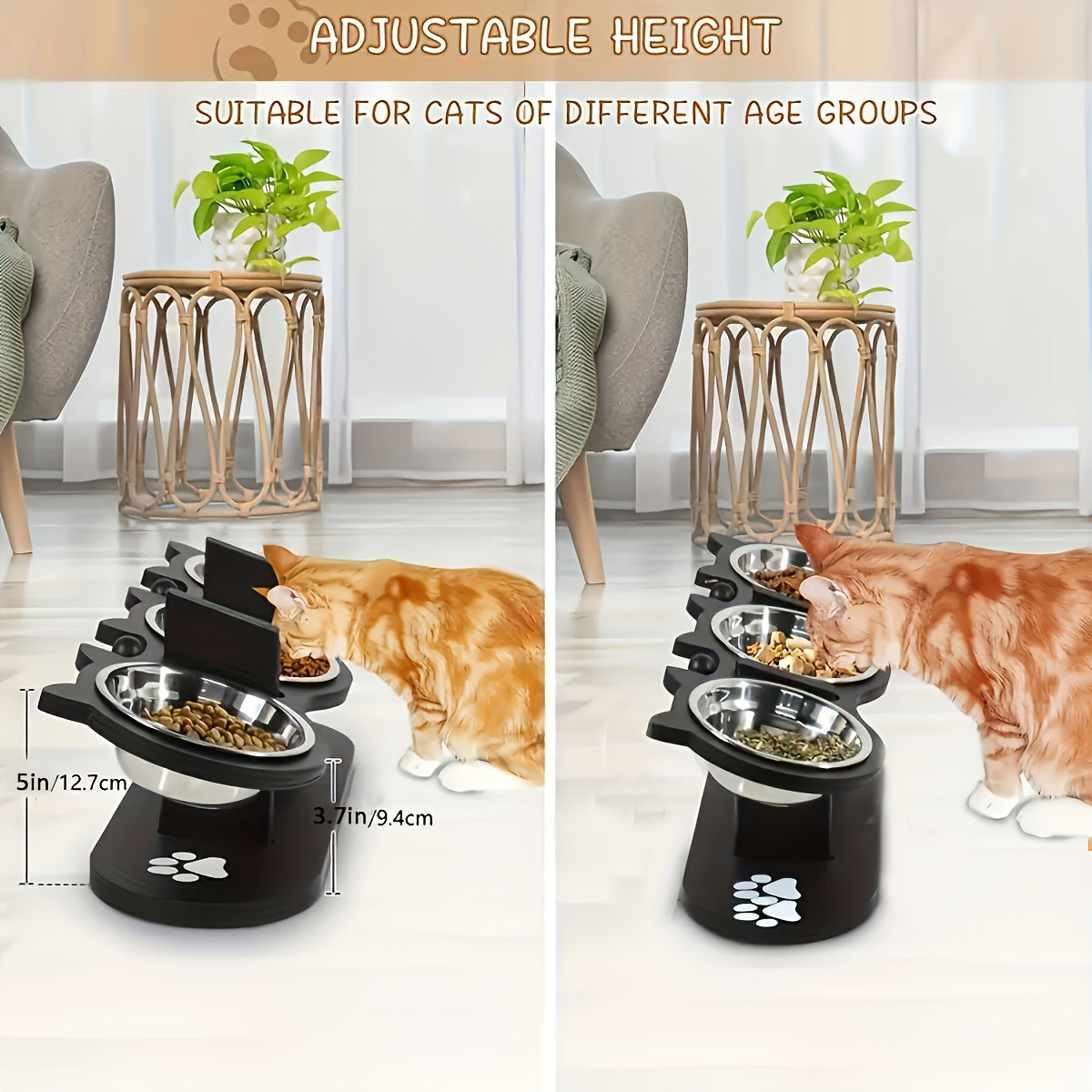 Elevated, adjustable cat and dog food bowl with tilted design for small pets. Includes 3 stainless steel stands for easy assembly and cleaning. Ideal for multiple kittens.