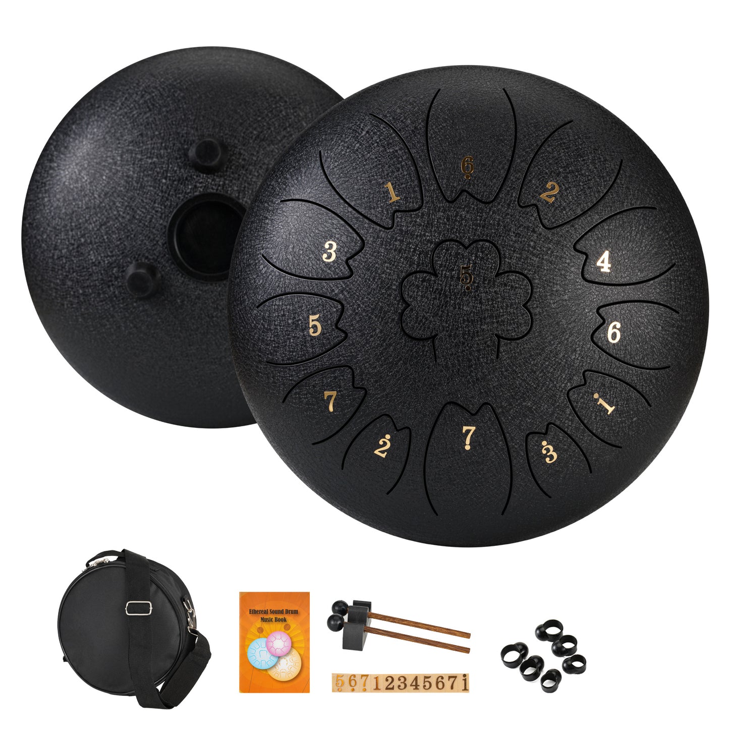 30.48 cm 13-note steel tongue drum in C key, petal shape, with drum mallets, carry bag, and music book. Ideal for music concerts, spiritual healing, yoga meditation, and Eid Al-Adha Mubarak.