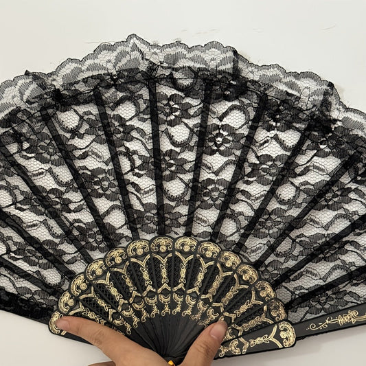 Elegant Vintage Black Lace Folding Fan with Tassel – Floral Pattern Handheld Foldable Fan for Photoshoots, Parties, and Decor, No Electricity Needed