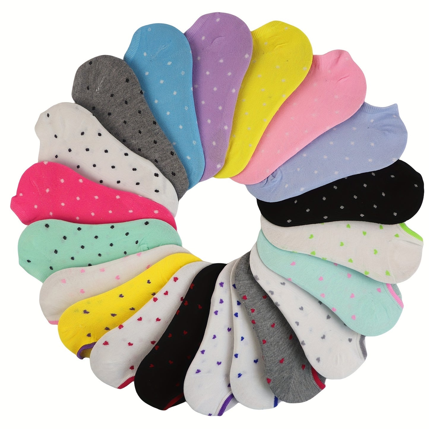 20 pairs of candy-colored, lightweight, and breathable low cut ankle socks for women.