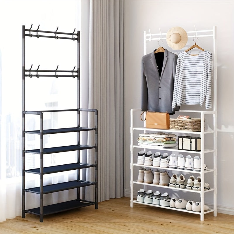 This 5-tier shoe rack is made of durable carbon steel and features 8 hooks, making it perfect for organizing shoes, bags, umbrellas, boots, hats, and more. It is a versatile storage solution that is sturdy and space-saving. Easy to assemble, this shoe