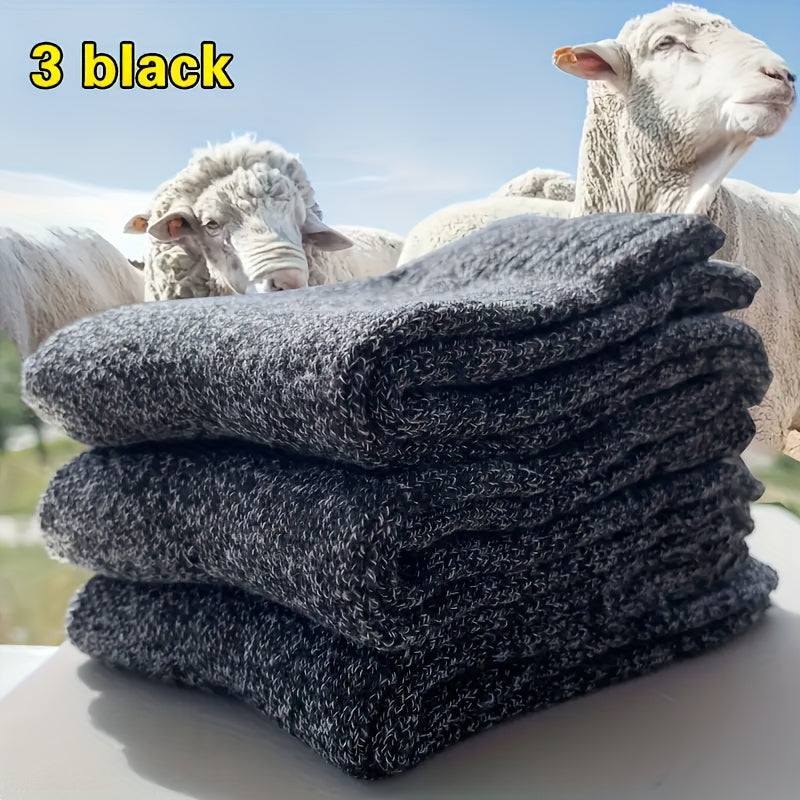 3 pairs of men's winter socks for warmth, made of thick towel material, mid-calf length, suitable for cold weather and snow boots. Fits sizes 39-44, polyester blend with elastic, solid