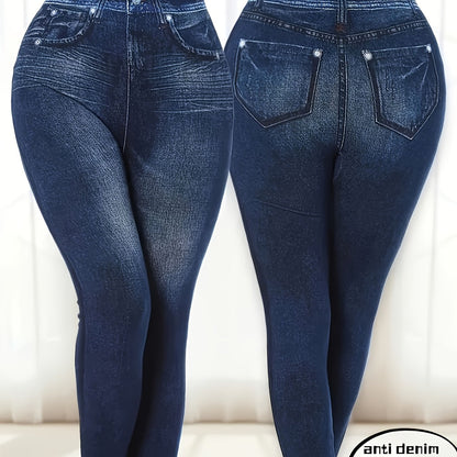 Women's plus size faux denim skinny pants made of 100% polyester knit fabric with slight stretch, suitable for all seasons, weighing 200g/m² and featuring a printed design.