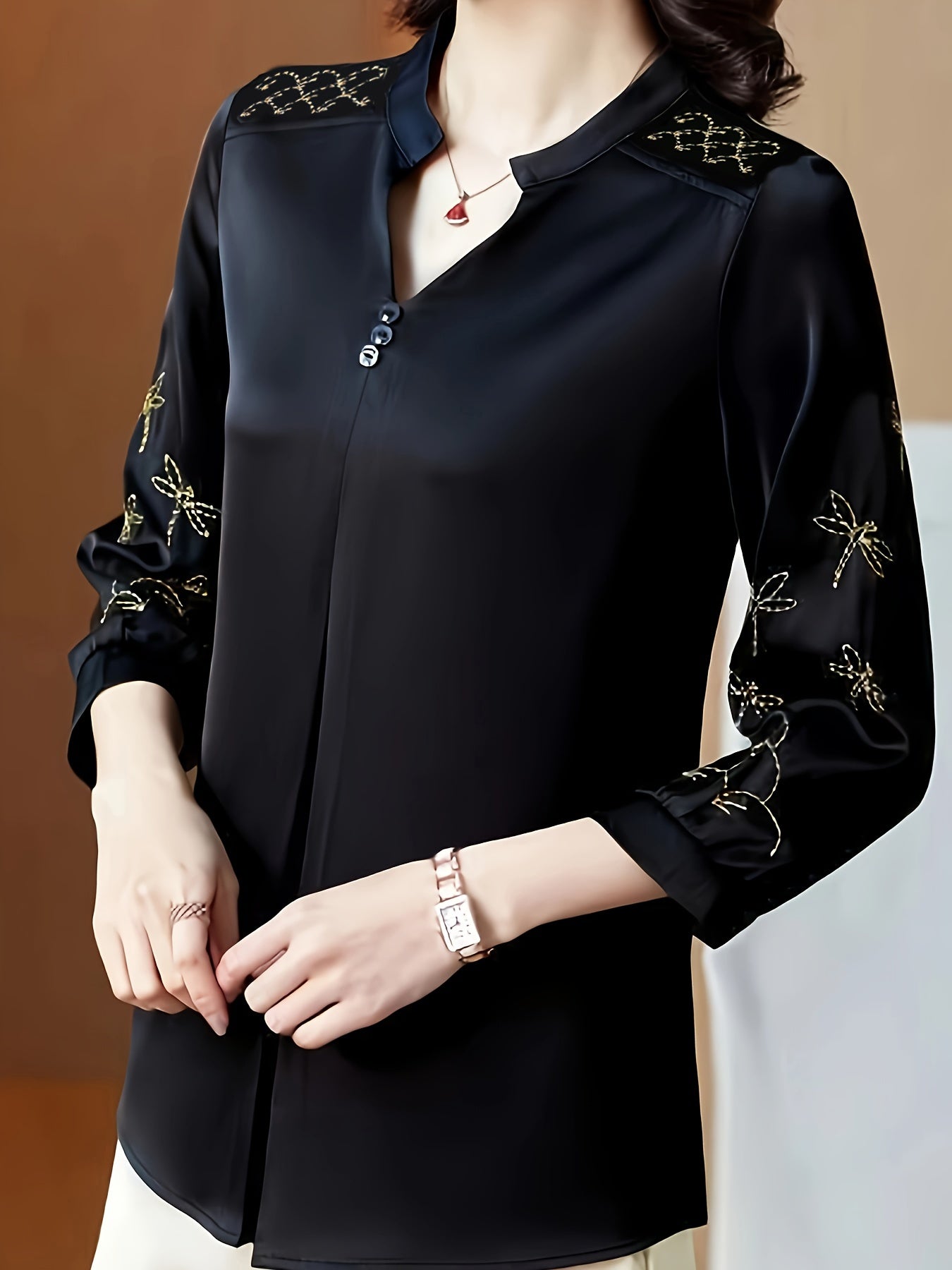 Notched Neck Blouse with 3/4 Sleeve Embroidery for Women's Spring & Fall Collection