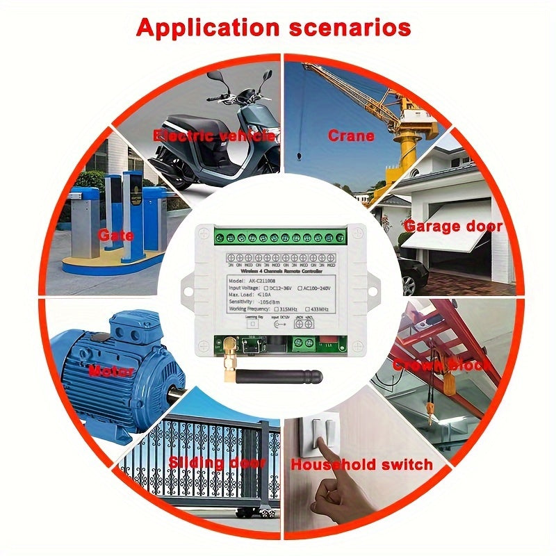 4-channel wireless remote control with RF receiver for switches, features metal transmitter for home and office use, operates on 433MHz frequency and supports 10A, 12V-36V DC input.