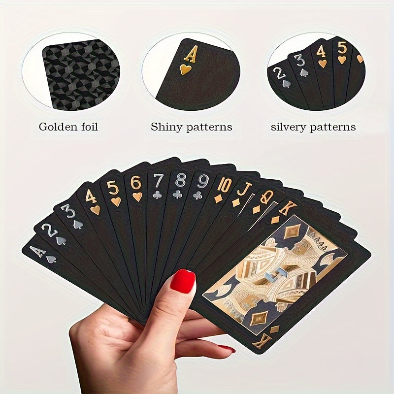 Durable plastic poker deck for tabletop games with waterproof black and golden foil design.