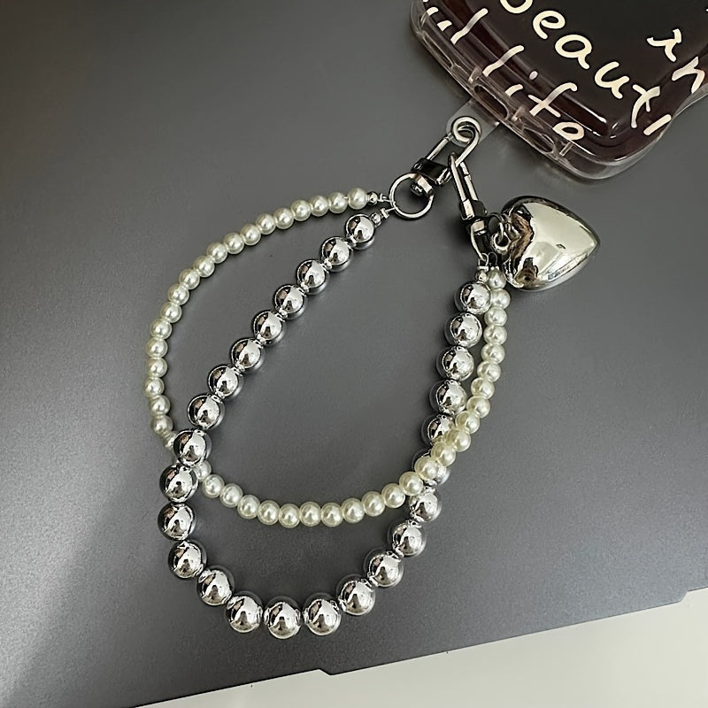 Korean INS Style Resin Pearl & Silvery Beaded Double Chain Heart Pendant Keychain featuring a round shape design. Includes lipstick bag tool and has a love theme. Perfect professional decorative carabiner for Valentine's Day.