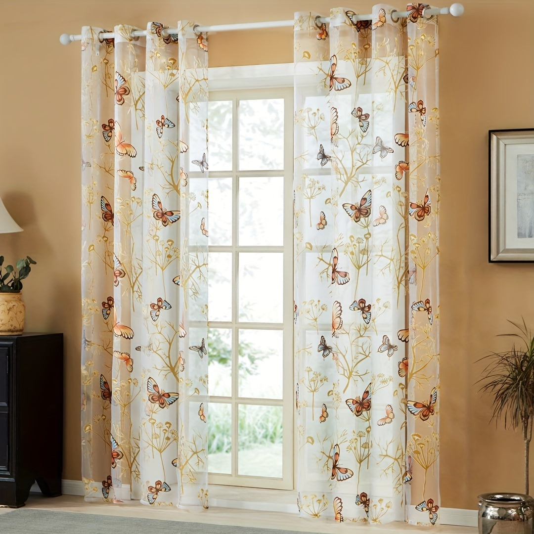 Elegant Butterfly Print Sheer Curtain with Grommet Top - Tulle Window Treatment for Bedroom, Office, Kitchen, Living Room, or Study - Stylish Home Decor Piece