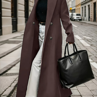 Pink double-breasted trench coat for women, featuring a notched collar, long sleeves, side pockets, and made of polyester fiber. Perfect for fall and winter. Casual elegance.