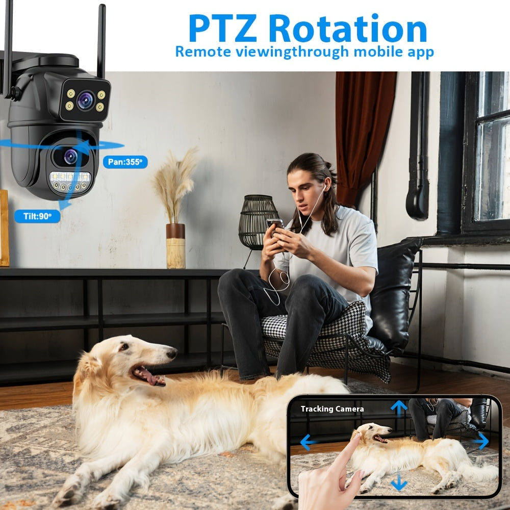 4K Wireless PTZ security camera with auto-tracking, dual lens, two-way audio, color night vision, SD card & cloud storage, automatic exposure, European plug, 1080p video capture resolution.