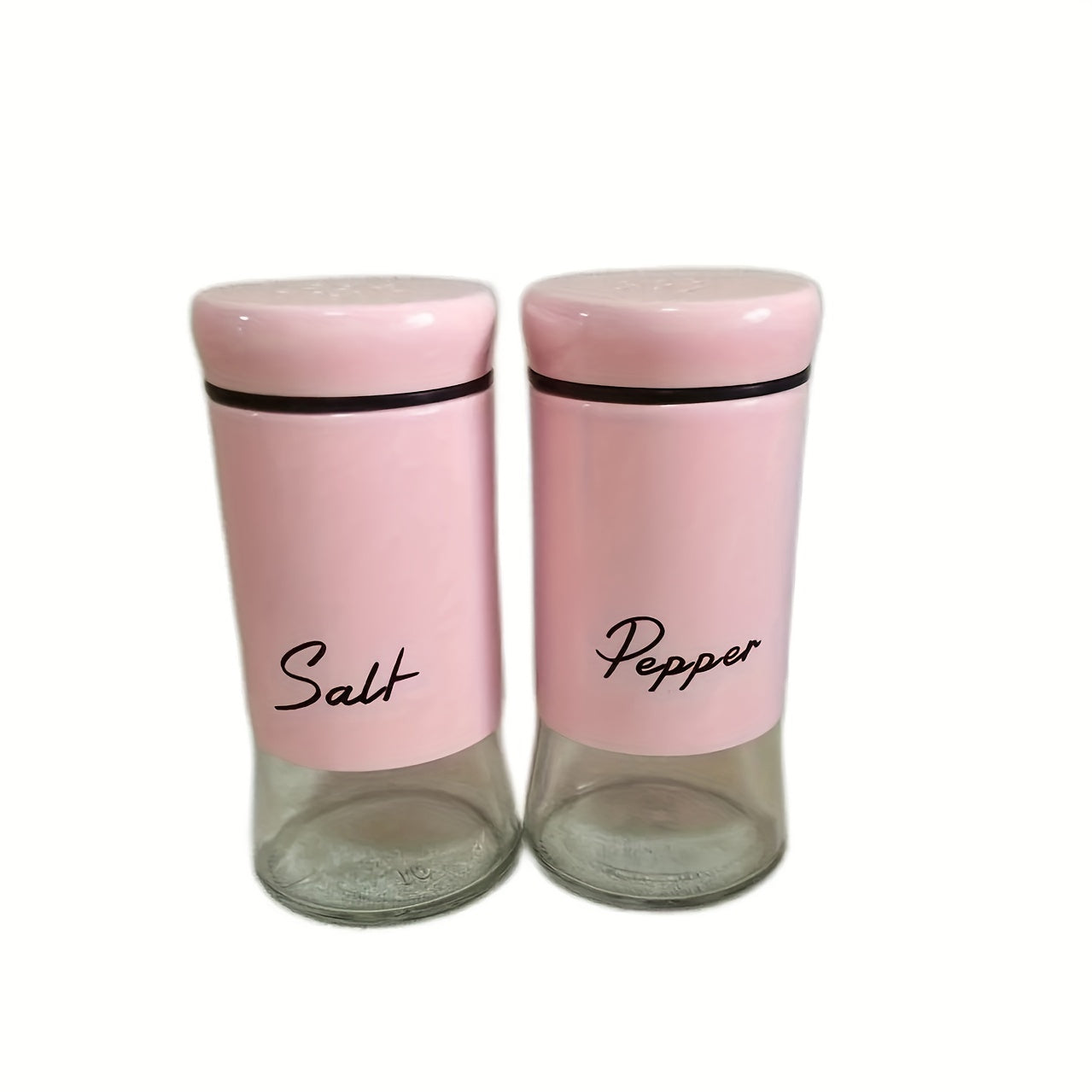 Glass bottom salt and pepper seasoning jars with stainless steel lids, ideal for use in kitchens, camping, RVs, and barbecues. Fillable design, set includes 2 pieces.