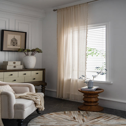 Stylish Boho Beige Curtains with Fringe and Gold Detail - UV Protection, Rod Pocket Design for Living Room and Kitchen Décor