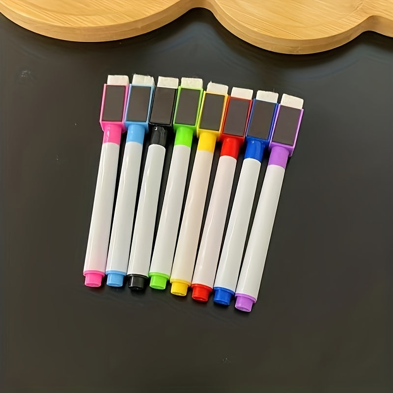 Set of 8 scratch-free erasable whiteboard pens, random colors. Includes easy-to-use eraser and magnetic markers. Ideal for office supplies.