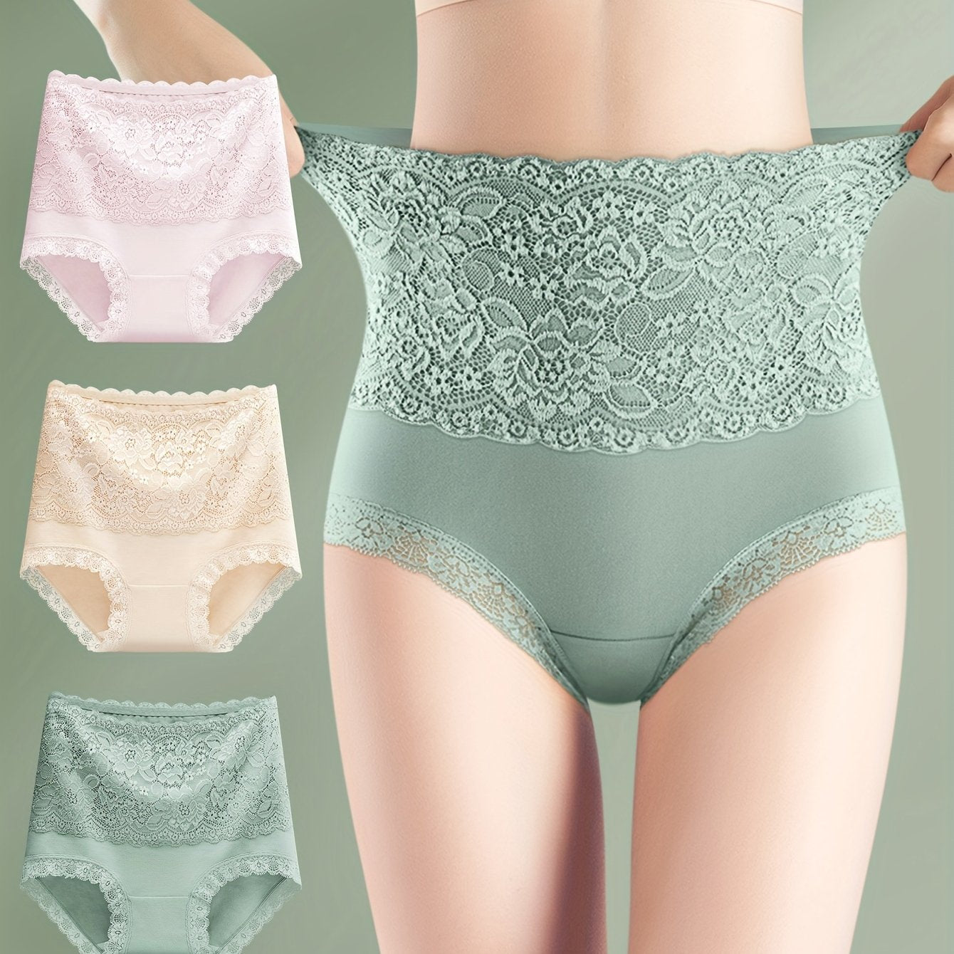 Set of 3 elegant high-waisted tummy control shapewear panties with lace detail for women