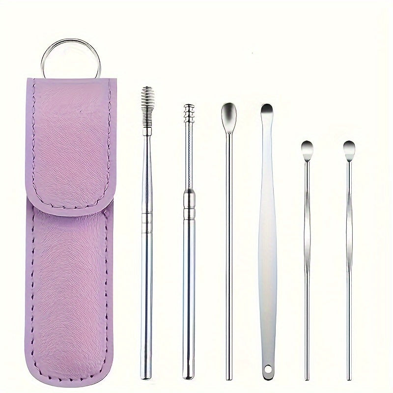 Ear Care Kit with 6 stainless steel ear spoons and storage case for daily cleaning at home or outdoors, no battery needed.