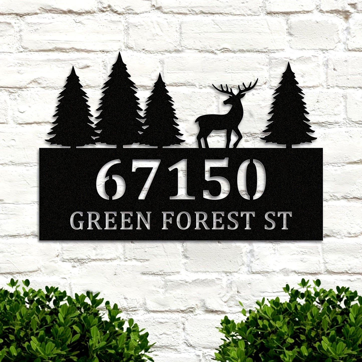 Personalized Metal House Number Sign Featuring Forest and Deer Silhouette - Waterproof Wall Art Decor for Outdoor Entryway, Durable and Stylish for Adults. Made of High-Quality Metal Materials.