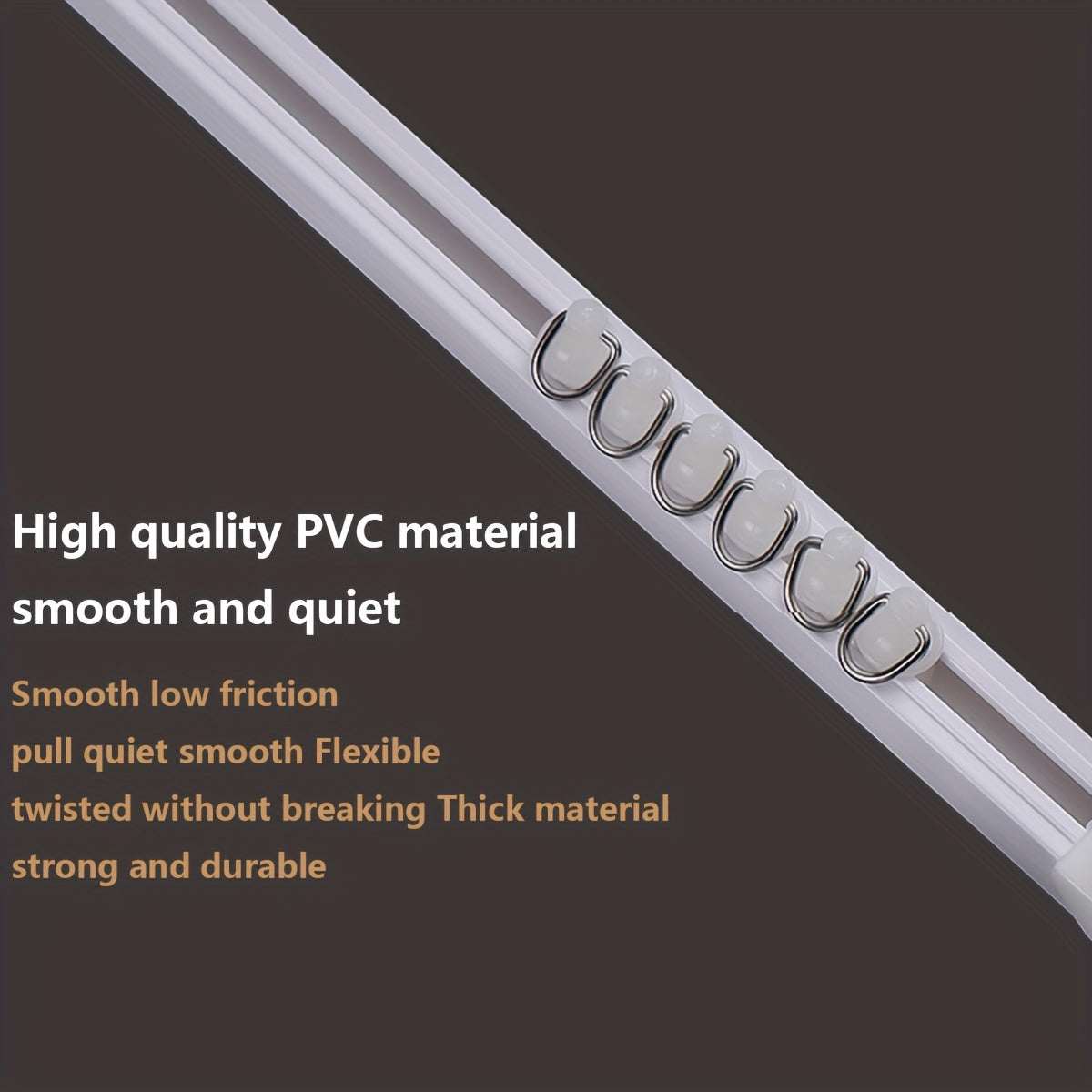 Drill-free curtain track with strong adhesive and silent sliding for bathrooms and dorms.