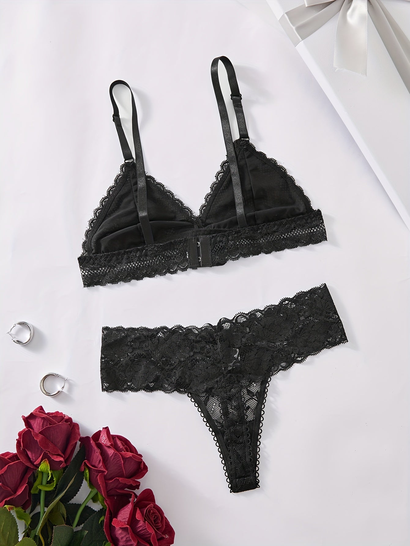 2-piece solid color lace bra and panty set crafted from seamless nylon for a mature style, featuring knit fabric, lace detail, and comfortable no-wire design.