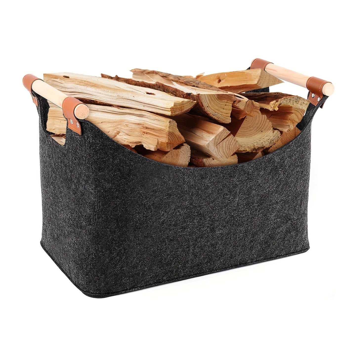 Large capacity firewood carrier with handles for indoor storage of firewood, toys, books, and clothes.