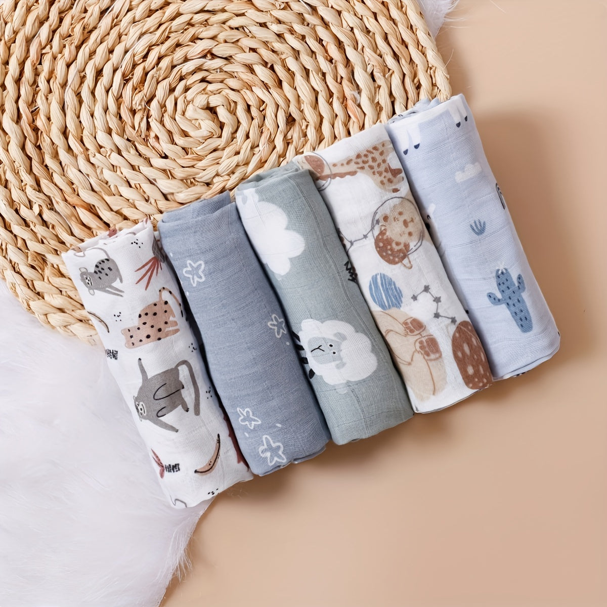 Introducing the versatile Bamboo Muslin Swaddle Feeding Burp Cloths Set, featuring 5 pieces measuring 59.99*59.99cm each. These super soft cloths can be used as face towels, hand towels, and even as bibs, adorned with a colorful rainbow and animal print