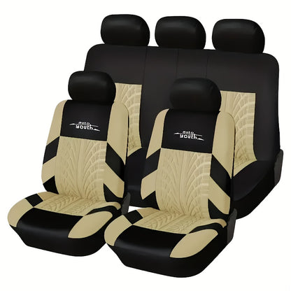 Durable polyester car seat covers for 5-seater vehicles with stylish red/black or blue/black patterns, suitable for cars, trucks, and SUVs. Easy to wash by hand or dry clean.