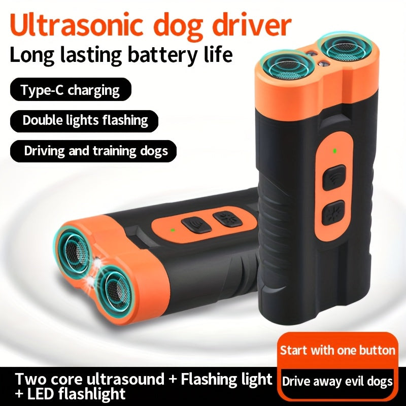 Dual-head ultrasonic dog repeller with powerful heads for long-distance training, designed to stop barking and scare away dogs and cats for personal safety.