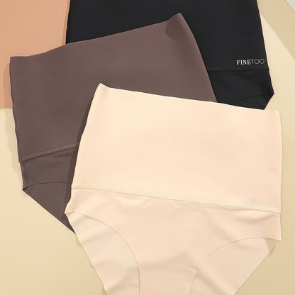 Three seamless solid briefs with high waist design, made of breathable and stretchy material, perfect for women's lingerie and underwear.