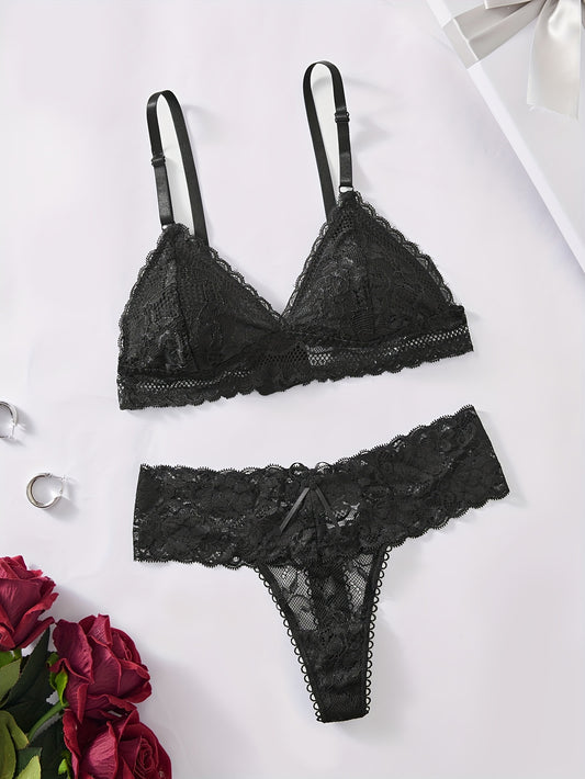 2-piece solid color lace bra and panty set crafted from seamless nylon for a mature style, featuring knit fabric, lace detail, and comfortable no-wire design.