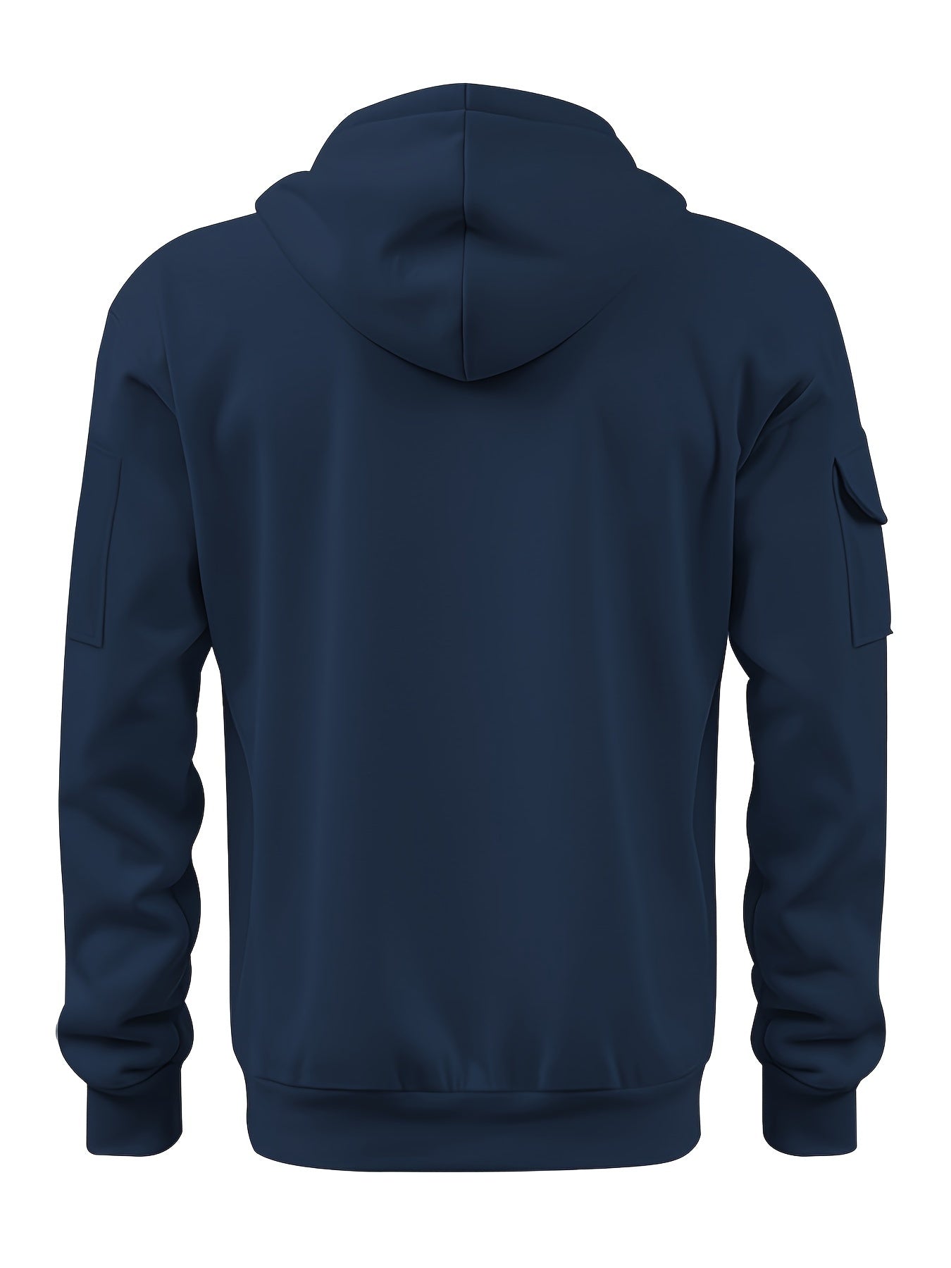 Men's navy blue fleece-lined hoodie with multiple zipper pockets, V-neck, and sporty pullover design for fall and winter.