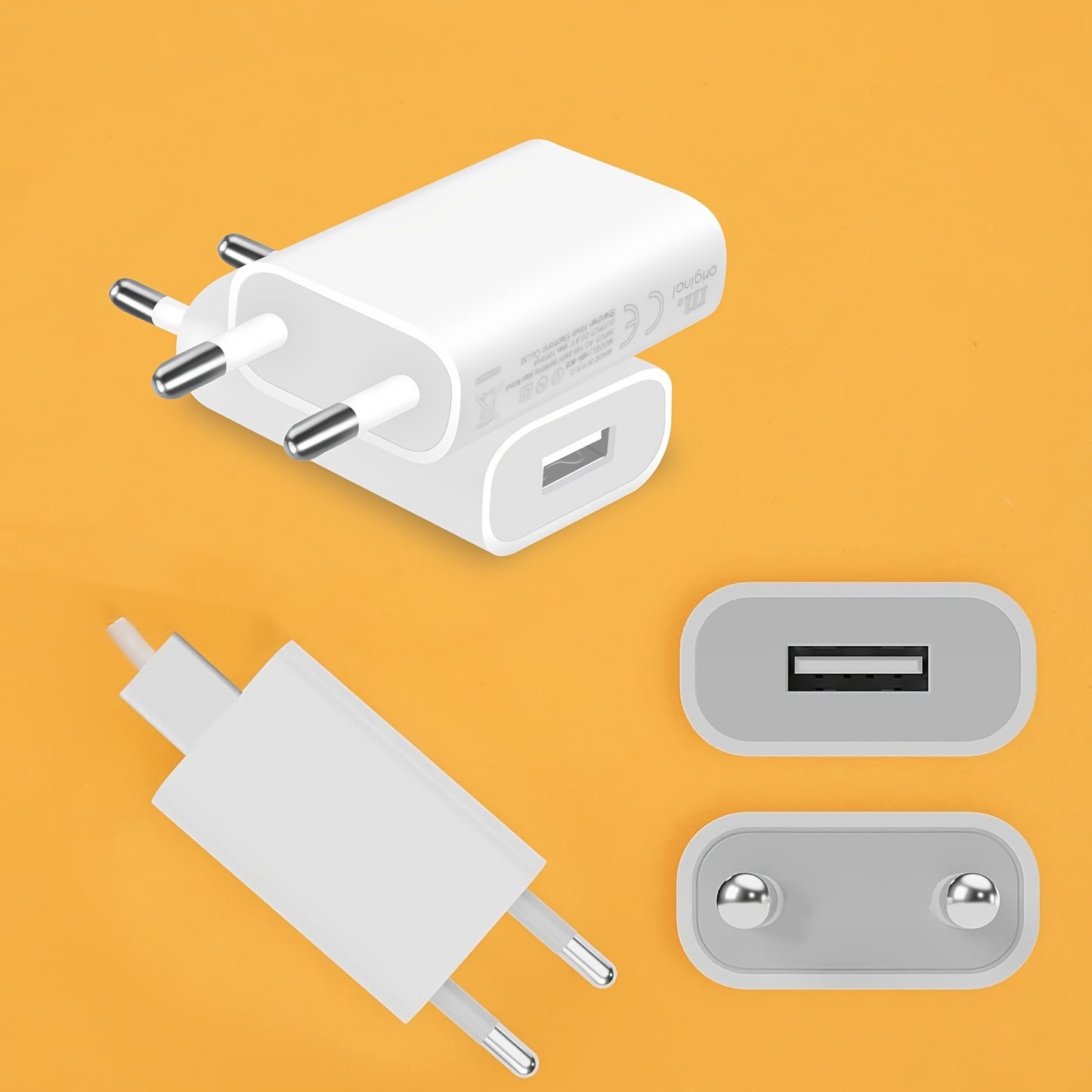 Four 5V 1A USB chargers with universal plug, suitable for mobile phones, MP3 players, e-books, and smartphones. White color.