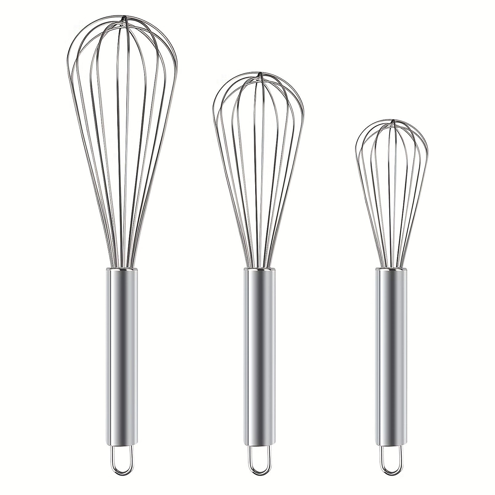 Set of 3 stainless steel egg whisks in 3 different sizes for cooking, baking, and kitchen tasks. Perfect for blending eggs and other ingredients. A must-have kitchen gadget for any home cook.