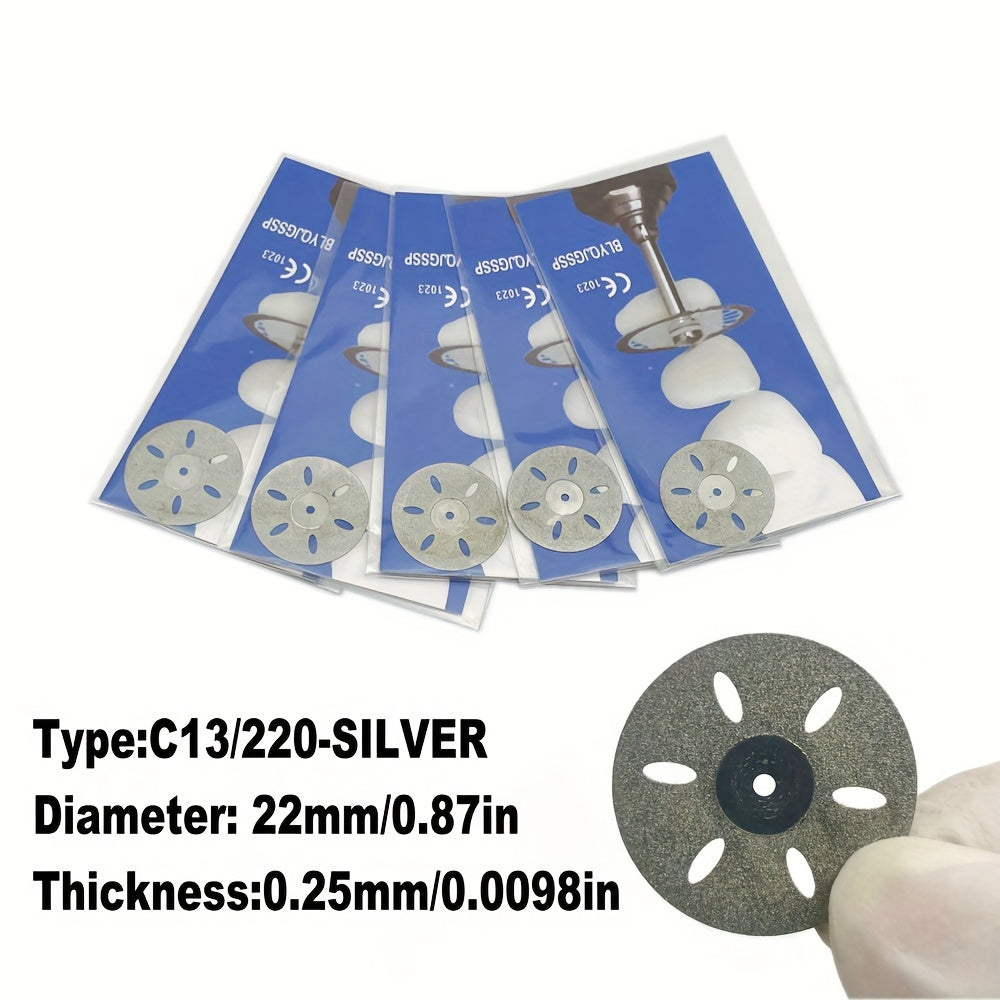 Five dual-sided diamond cutting discs for dental labs, in silver or golden, for high precision grinding and polishing.