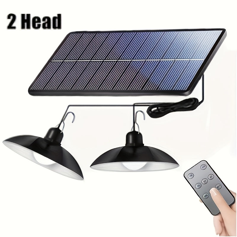 Solar LED pendant light with remote control, double head outdoor hanging lamp for RV camping and garden decoration. Suitable for square, shed house, and porch.