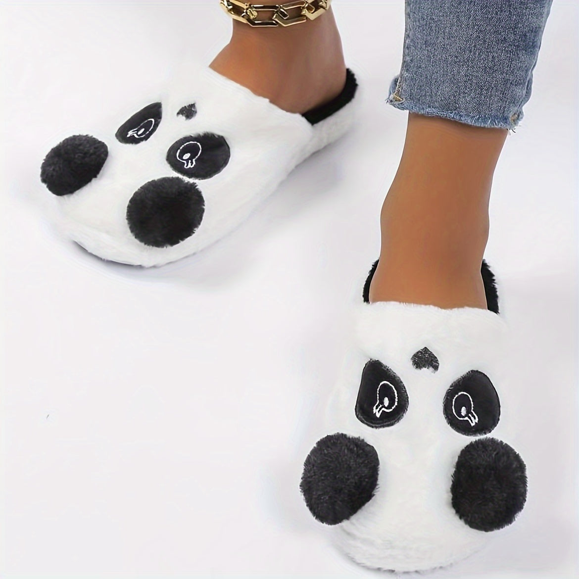 Cozy Panda Cartoon Plush Slippers for Men and Women - Black & White Design with Fluffy Ball Detail, TPR Sole, Hand Washable - Perfect Winter Comfort, Cute Style.