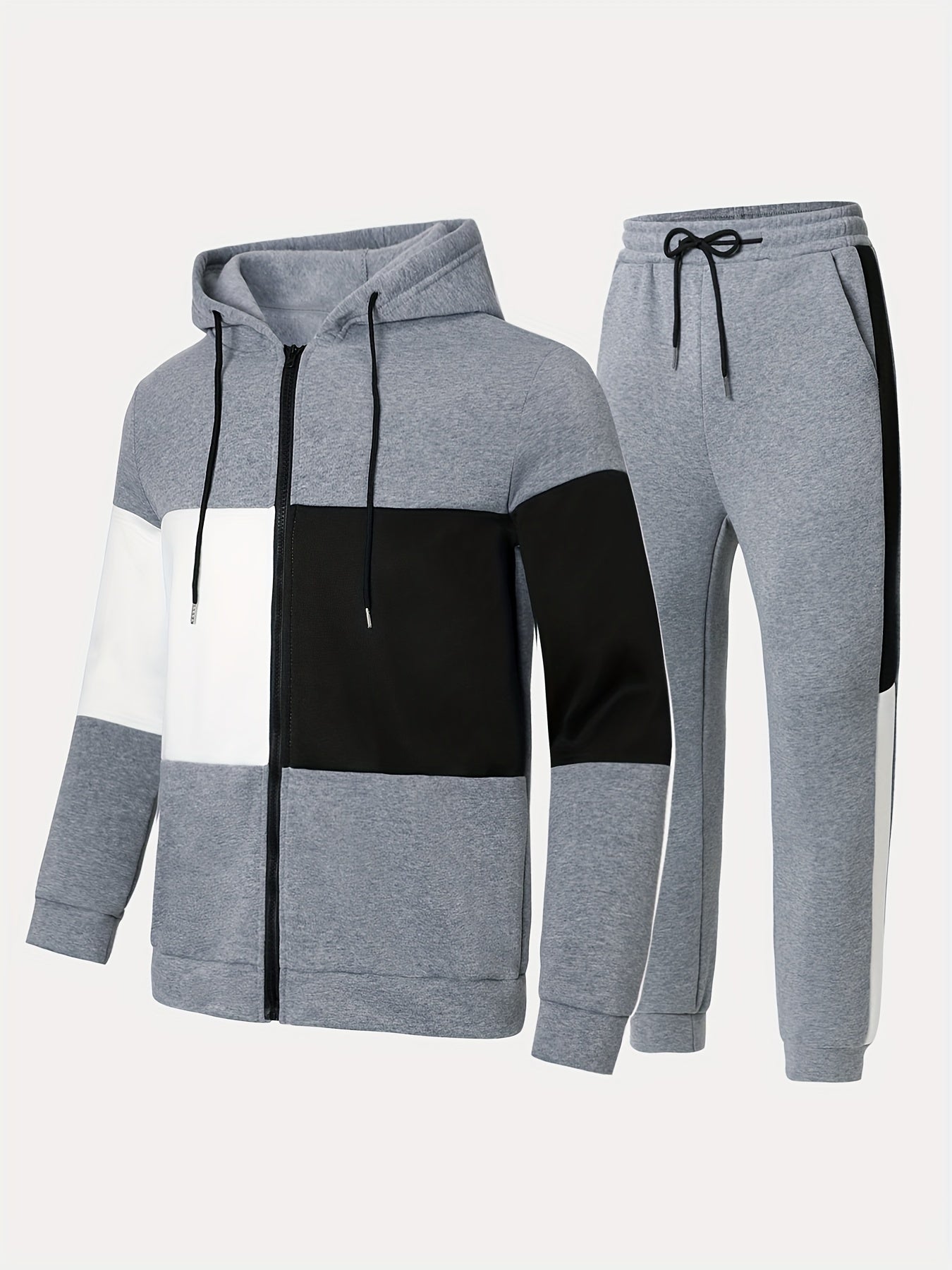 Men's 2-piece color block athletic tracksuit with long sleeve zip up hoodie, drawstring, and jogging pants for gym workouts and running.