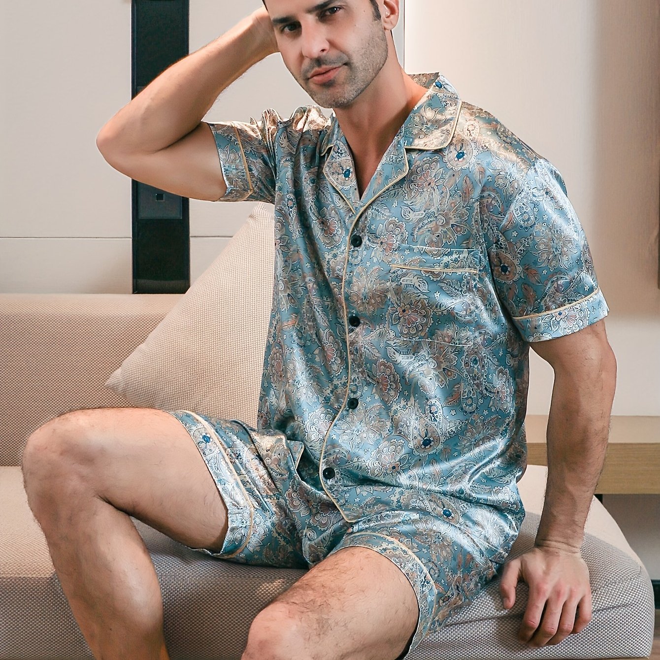 2 Men's short-sleeved floral print pajama set for summer.