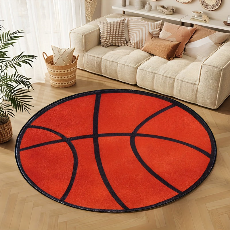 Thick Basketball-Inspired Round Area Rug - Soft Polyester Material, Easy to Clean - Perfect for Bedroom, Living Room, or Playroom Decor - Provides Comfort and Style, Bedroom Rug Option