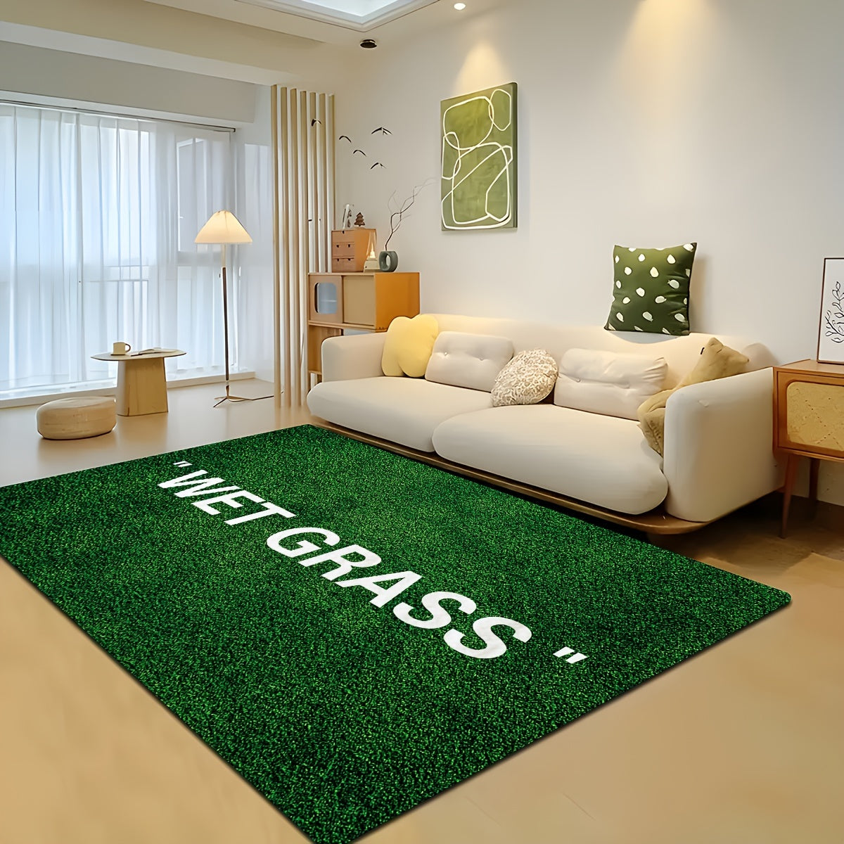 Soft, non-slip area rug featuring a chic green grass and English letter design. Machine washable for easy care, this rug is perfect for any room in your home including the living room, bedroom, kitchen, and more. Add a touch of style to your space with