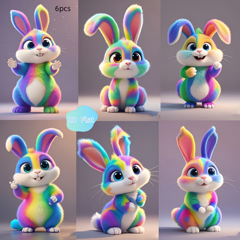 6 Easter Rabbit Ornaments, Colorful 2D Acrylic