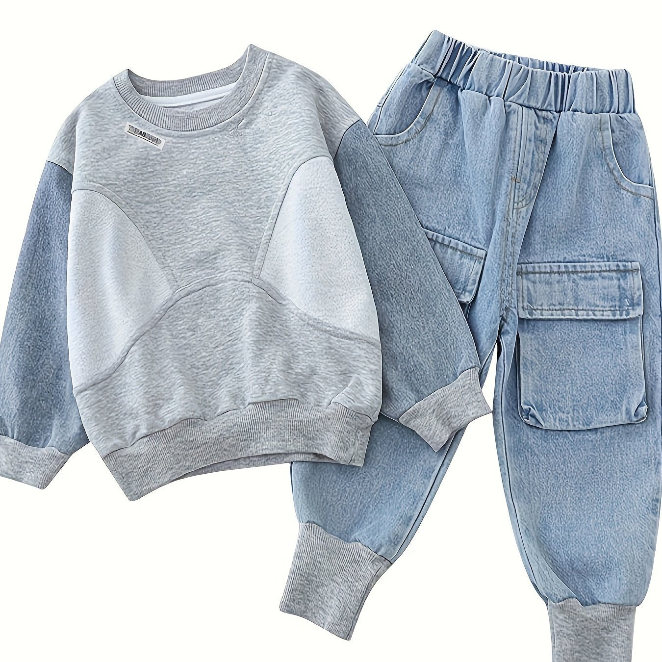 Set of baby's sweatshirt and denim pants in color block design, suitable for toddler and infant boys in spring and fall outdoor activities.