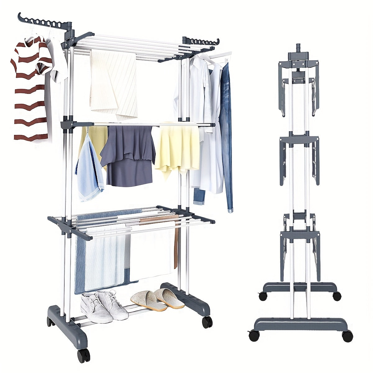 A versatile drying solution featuring a three-tiered drying rack, adjustable rolling laundry rack with a foldable drying rod, and a large clothes dryer on wheels. Perfect for indoor and outdoor use, these drying racks make the perfect back-to-school