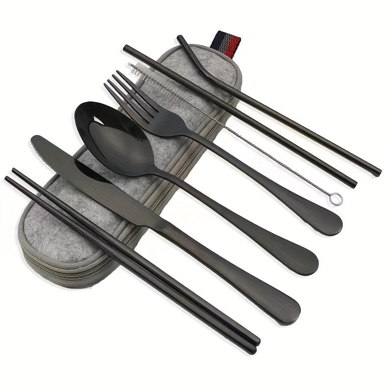 Travel camping set with 8 pieces of stainless steel cutlery includes knife, fork, spoon, chopsticks, cleaning brush, straw, and carry case.