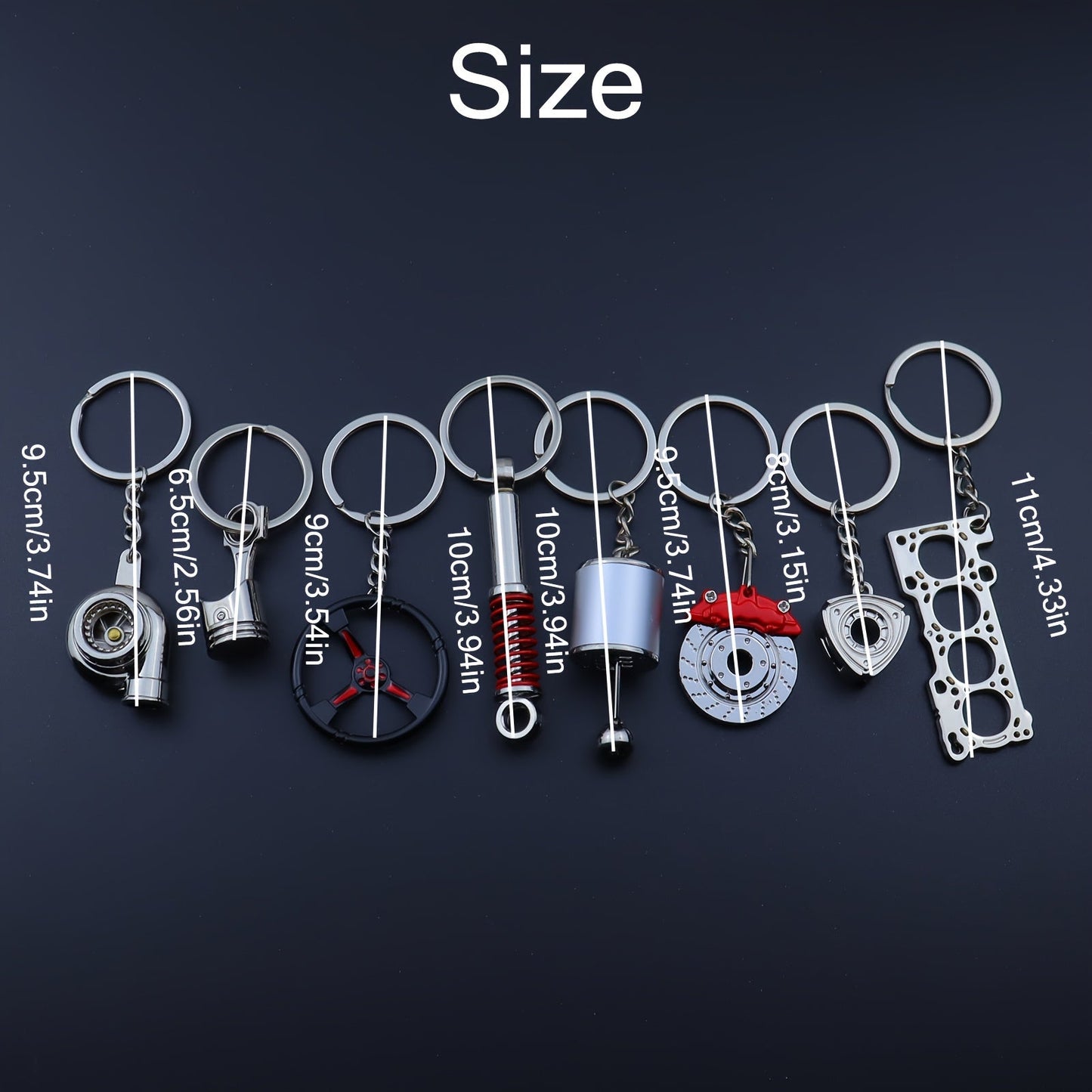 Keychains for creative car modifications, including piston, brake disc, gear, turbocharger, small rotor, shock absorber, engine blade, and steering wheel designs. Perfect for car enthusiasts and as a unique gift.