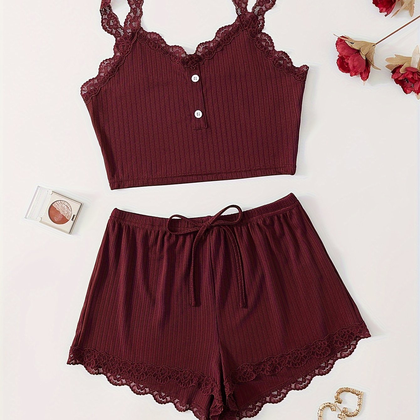 Ribbed lace trim pajama set for women includes a V-neck crop top and shorts with a comfortable fit for summer nights.