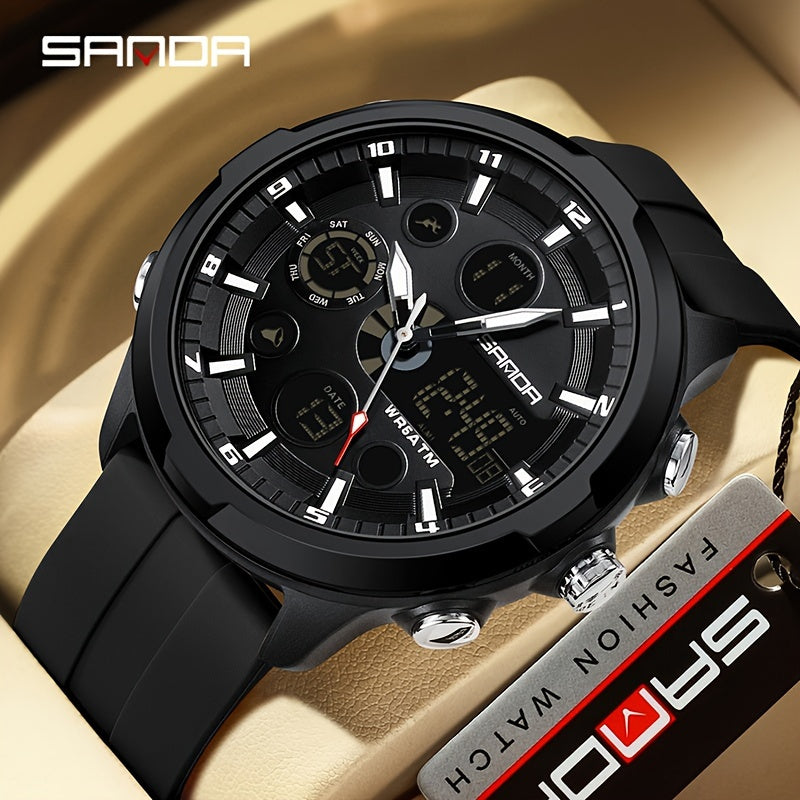 The SANDA Men's Sports Watch is a multifunctional chronograph quartz timepiece that is water-resistant up to 5ATM. Featuring a date display, round zinc alloy case, and silica gel strap, this watch is powered by an electronic drive and a non-rechargeable