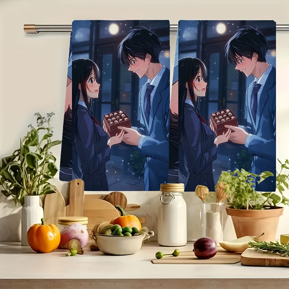 This set includes 2 ultra-soft kitchen towels showcasing a charming anime boy with black hair in a blue suit gifting a box of chocolates to his girlfriend. These highly absorbent dish towels are ideal for holiday decor, easy to clean in the washing