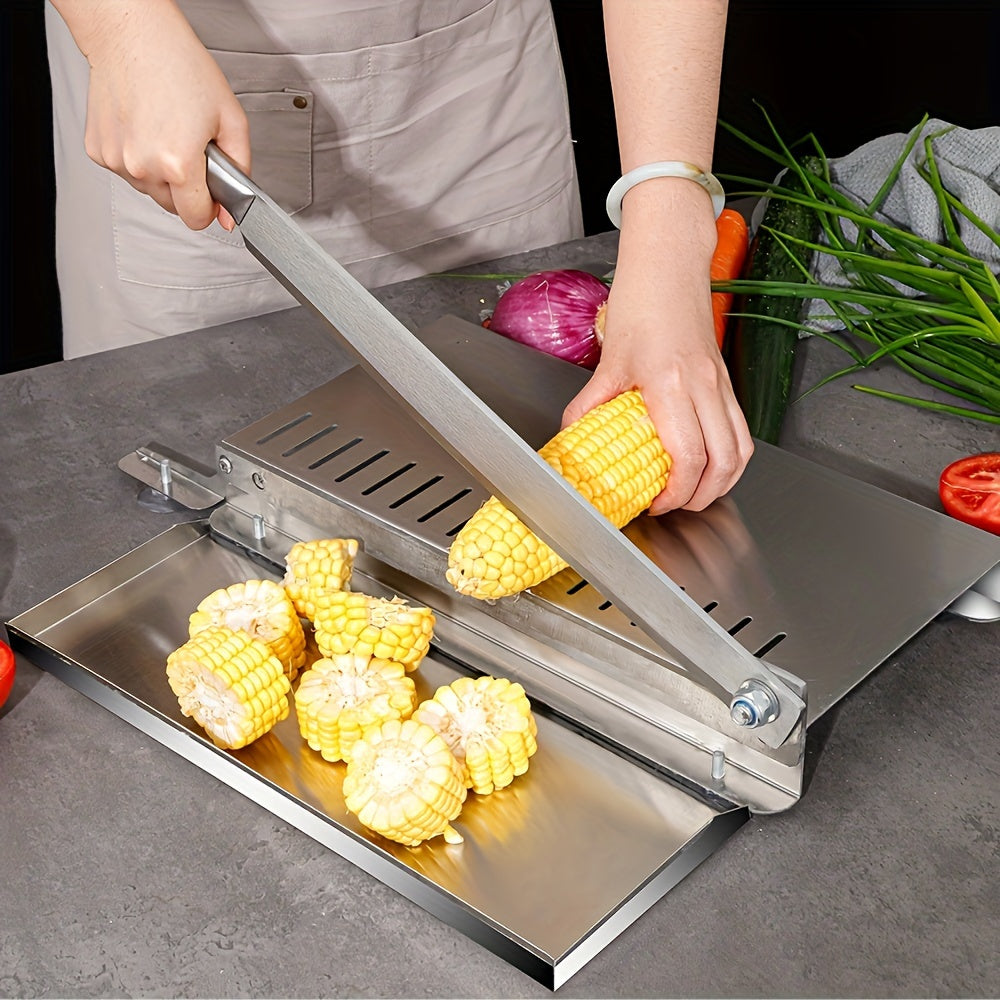 One piece of a large-sized professional kitchen cutter made of stainless steel, the manual mandoline slicer is perfect for slicing vegetables, fruits, and meats. This non-electric versatile food slicing tool has a 27cm blade.