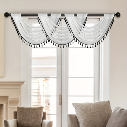 Fashionable Sheer Wave Curtain Valance with Tassels Edge - Light-Transmitting, Rod Pocket Design - Ideal for Living Room, Bedroom, or Kitchen Decor - Measures 30x24 Inches